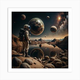 A lone astronaut stands on a rocky planet, gazing at a planet in the distance. Art Print