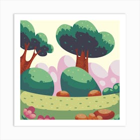 Cartoon Landscape Forest Nature Flowers Trees 1 Art Print