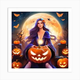 Halloween Girl With Pumpkins 4 Art Print