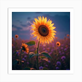 A Dreamy Sunflower With Petals Of Cascading, Neon Light Blooming In A Surreal Meadow Art Print