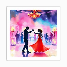 Delicate Watercolor Painting Two Elegant Silhouettes Dance In A Surreal Futuristic Ballroom Art Print