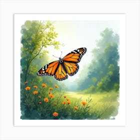 Graceful Monarch In A Watercolor Lush Valley 1 Art Print