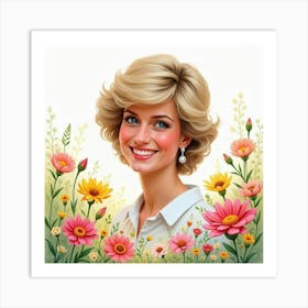 Princess Diana Beaming, Framed By A Watercolor Meadow Of Blooming Flowers Art Print