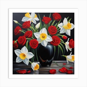 Roses And Daffodils Art Print