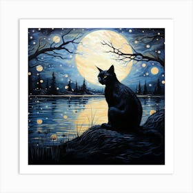 Black Cat On Riverbank At Night By Moonlight Art Print