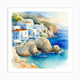 Watercolor Of Greece.Summer on a Greek island. Sea. Sand beach. White houses. Blue roofs. The beauty of the place. Watercolor. Art Print