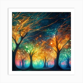 A captivating scene of trees that appear to be alive, with twinkling lights and vibrant 8 Art Print