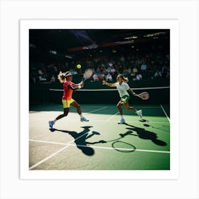 Tennis Match Captured In Mid Action Players Frozen Mid Swing With Rackets Poised To Strike Sunligh (1) Art Print