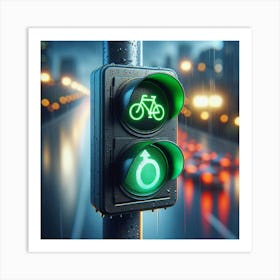 Green Traffic Light With Bicycle At Night Art Print