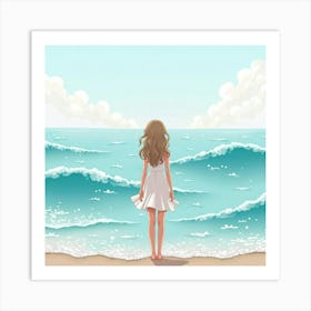 Taylor Swift Standing By A Calm Ocean, Watercolor Waves Blending With The Sky Art Print