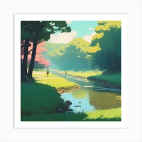 Peaceful Countryside River Acrylic Painting Trending On Pixiv Fanbox Palette Knife And Brush Stro (8) Art Print