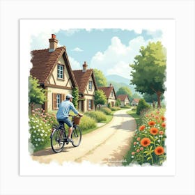 Classic Bike By A Charming Village Road With Flowers Watercolor 1 Art Print