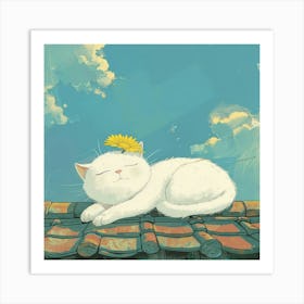 White Cat Sleeping On Roof 1 Art Print