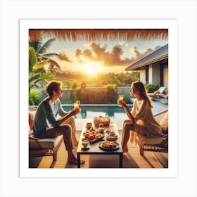 Couple Enjoying evening snacks At The Pool Art Print