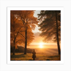 Woman Walking Through The Forest At Sunset Art Print