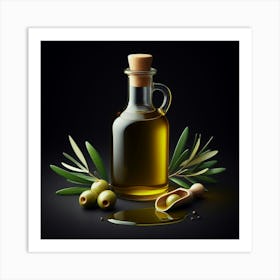 Olive Oil Bottle On Black Background Art Print