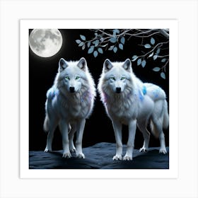 White Wolfs Standing In Front Of A Full Moon Art Print