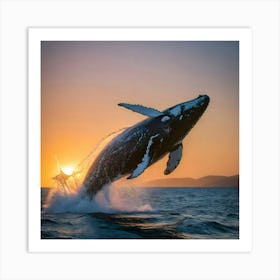 Humpback Whale Jumping At Sunset 1 Art Print