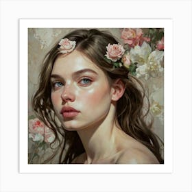 Portrait Of A Girl With Flowers 1 Art Print