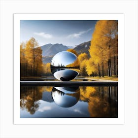 A Metal Ball Construction In A Forest And Mountain Lake By Autumn Art Print