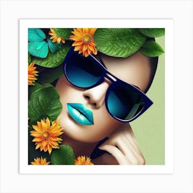 Woman With Sunglasses And Flowers Art Print