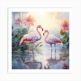 Golden Wings: Flamingos Bathed in Morning Glow Art Print