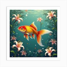 Goldfish Swimming With Lilies 1 Art Print