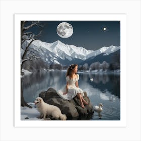 Girl With Dogs In The Snow Art Print