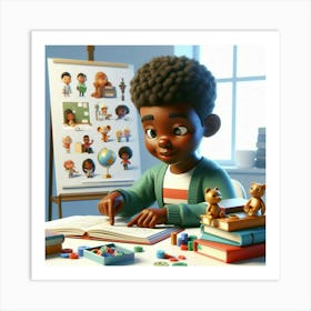 African American 6 years reading book 3D ART 4 Art Print