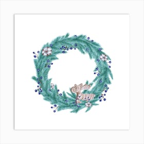 Wreath from Teal Fir Branches, Blueberries, Cotton and Wooden Deer Art Print