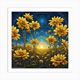 Yellow Flowers In Field With Blue Sky Centered Symmetry Painted Intricate Volumetric Lighting (5) Art Print