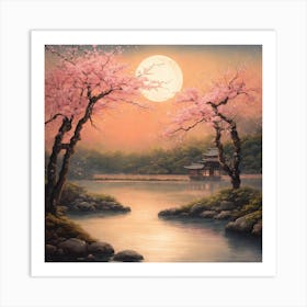 Japanese Sakura In River Art Print