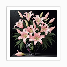 Graphic Design Pink Lily Bouquet In Swan Vase Dark Floral Pain 2 Art Print