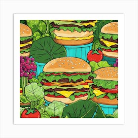 Seamless Pattern With Hamburgers And Vegetables Art Print