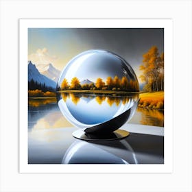 A Glas Ball Construction At A Lake With Autumn Nature And Reflection Art Print