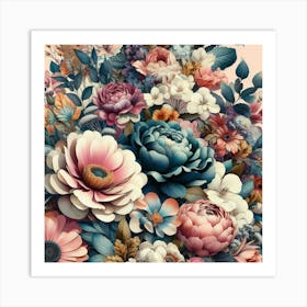 Vibrant Floral Collage Featuring Oversized Blossoms And Foliage, Style Mixed Media Collage 3 Art Print