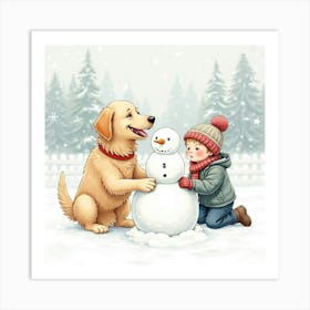 Cheerful Golden Retriever And A Child Building A Snowman In Watercolor 1 Art Print