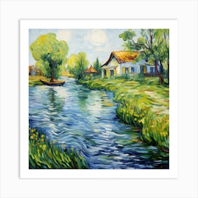 Flourishing Serenity: Brushstrokes of Riverside Bliss Art Print