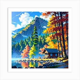 Autumn Cabin By The Lake 2 Art Print