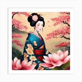 Japanese Botanical And Geisha Art Print 3 Art Print