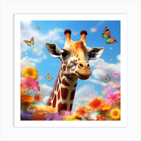 Giraffe With Flowers Art Print