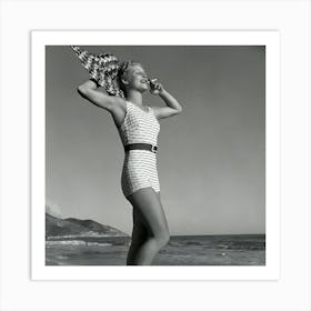 Blonde Beauty In Her Bathing Suit On The Beach Pleasurably Smoking A Cigarette Art Print