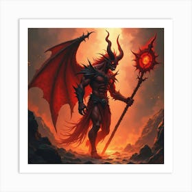 Demon Lord In A Fiery, Watercolor Underworld 1 Art Print