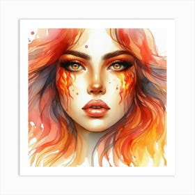 Watercolor Of A Girl With Fire Art Print