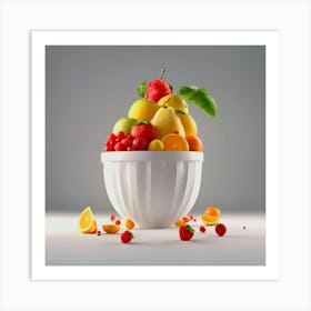 Fruits in a white bowl 3d render gray background, Fruit Bowl Art Print