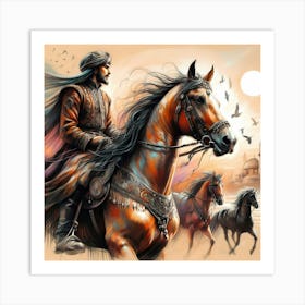 Arabian Man On A Horse Color Drawing Art Print