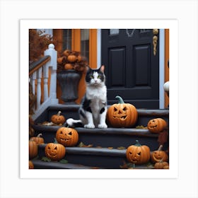 Halloween Cat Sitting On Steps 1 Art Print