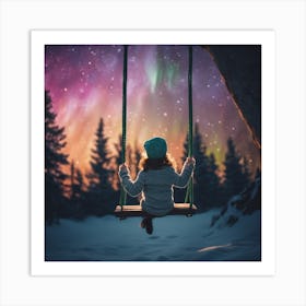 Girl I’m tree swing looking at colorful night sky Art Print