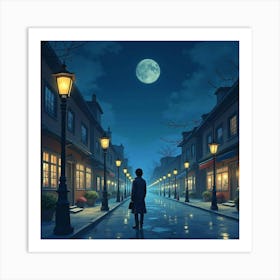 Keanu Reeves In A Peaceful Watercolor City At Night, Soft Lights Glowing Art Print