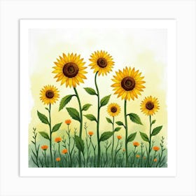 Vibrant Sunflowers Standing Tall In A Watercolor Landscape 1 Art Print